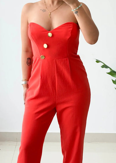 Size M-L, Red Strapless Jumpsuit - Closet by Payal