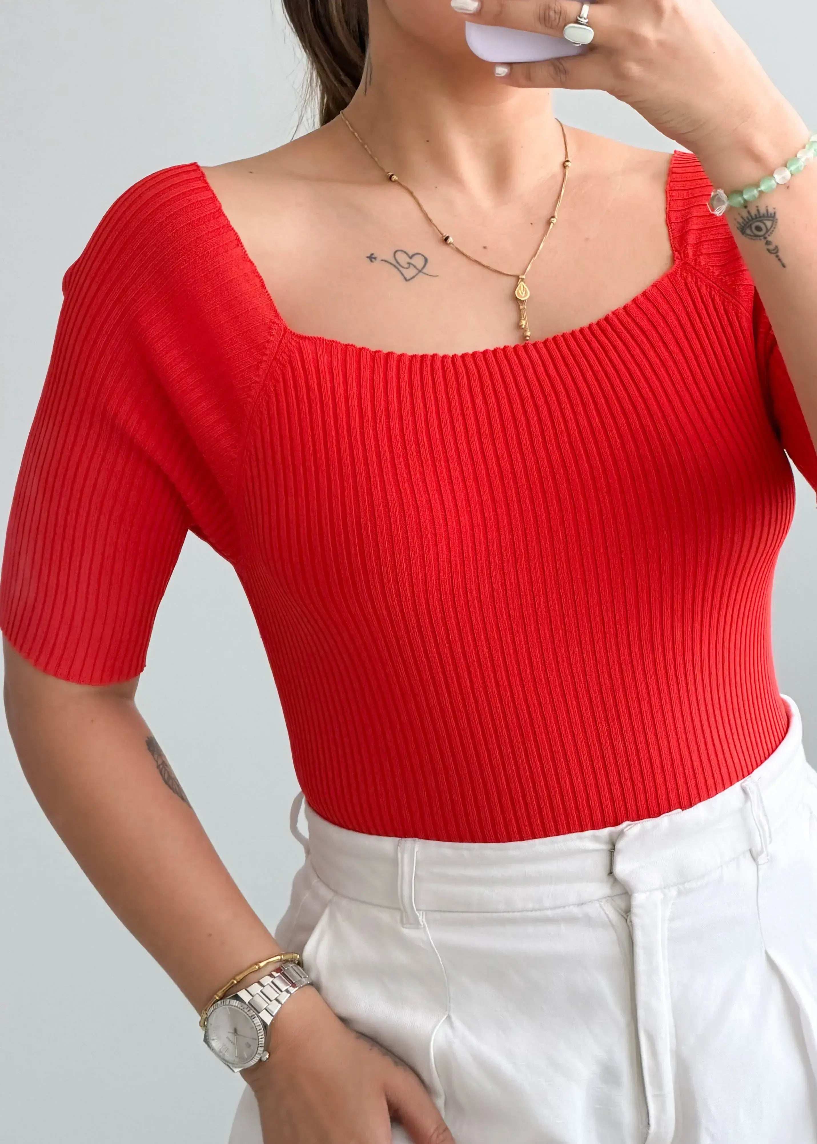 Size M-L, Red Square Neck Ribbed Top - Closet by Payal