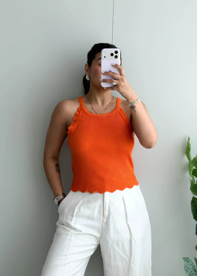 Size M-L, Orange Scallop Hem Sleeveless Top - Closet by Payal