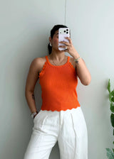 Size M-L, Orange Scallop Hem Sleeveless Top - Closet by Payal
