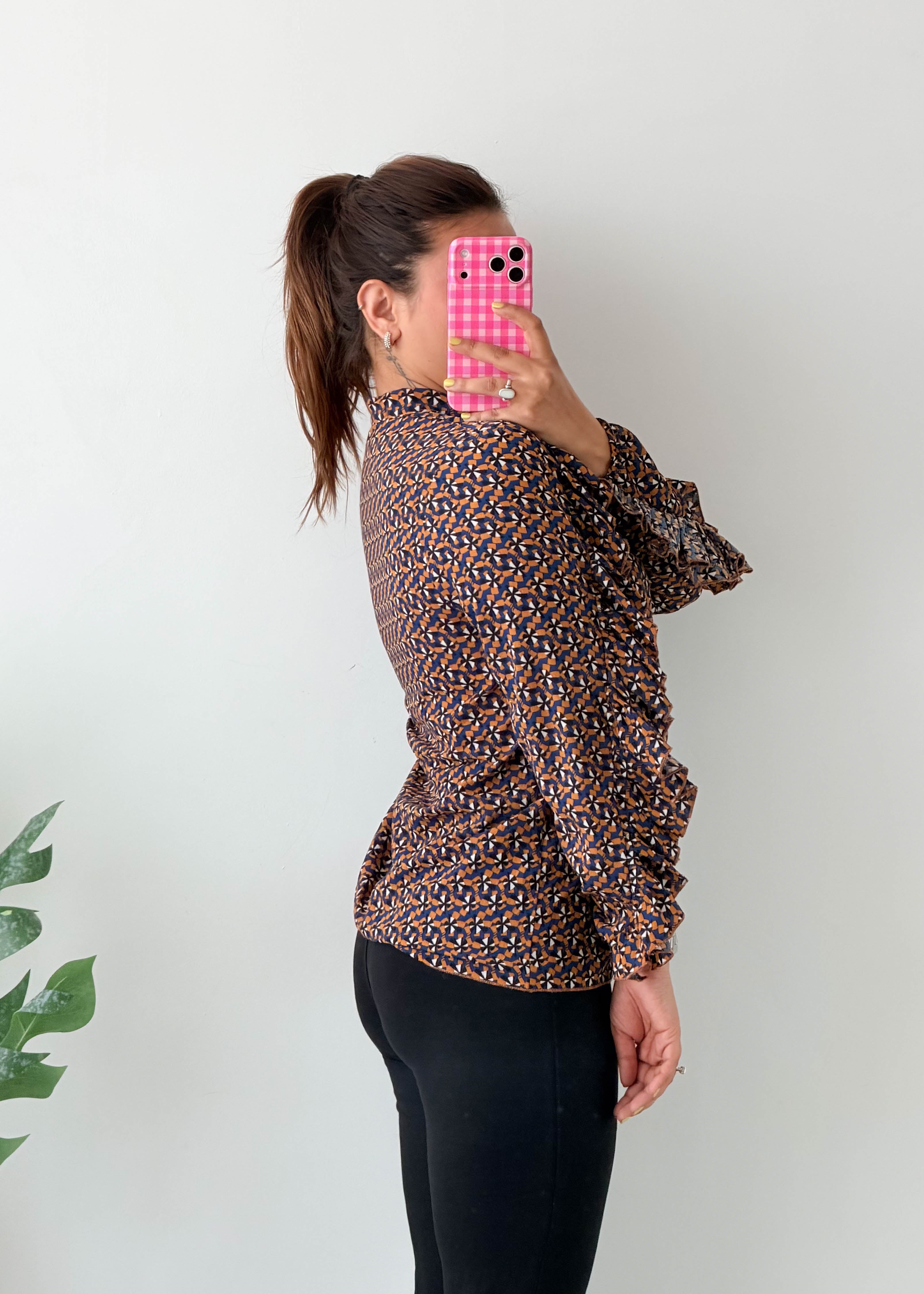 Size S-M Brown Printed Tie-Neck Blouse