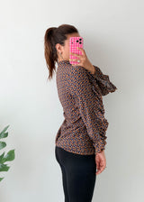 Size S-M Brown Printed Tie-Neck Blouse