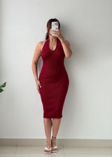 Size S-M Burgundy Ribbed Knit Halter Midi Dress