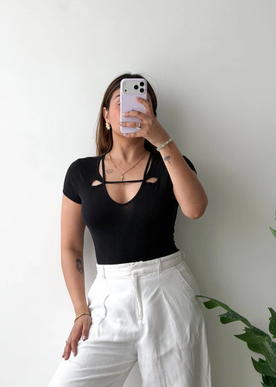 Size S-M, Black Cut-Out Neck Short Sleeve Bodysuit