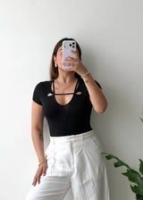 Size S-M, Black Cut-Out Neck Short Sleeve Bodysuit