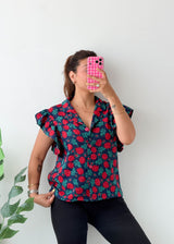 Size S-M Navy Red Rose Ruffle Sleeve Top