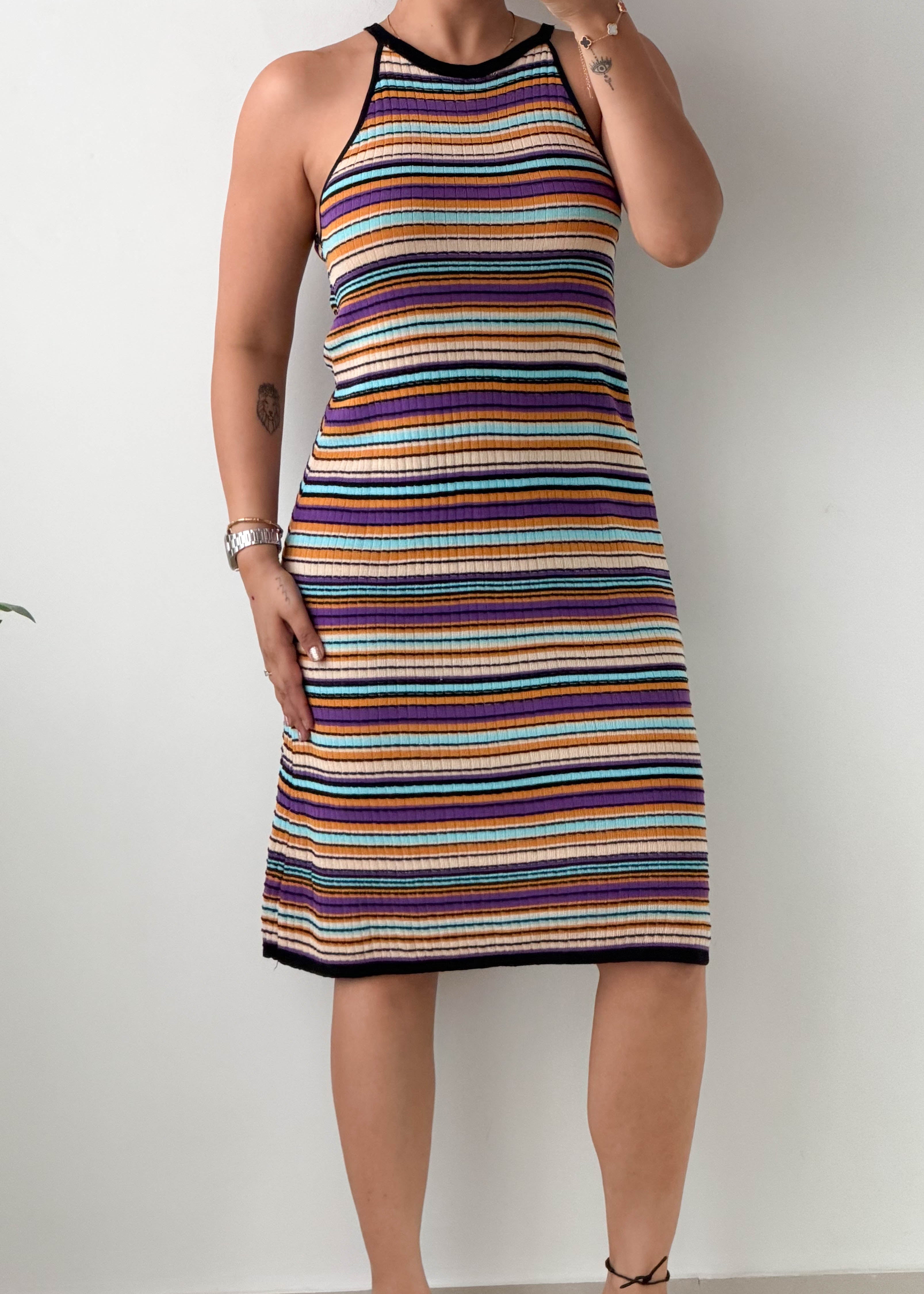 Size L-XL Multicolor Striped Ribbed Knit Midi Dress