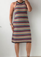 Size L-XL Multicolor Striped Ribbed Knit Midi Dress