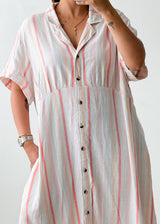 Size XL-2XL White & Pink Striped Shirt Midi Dress