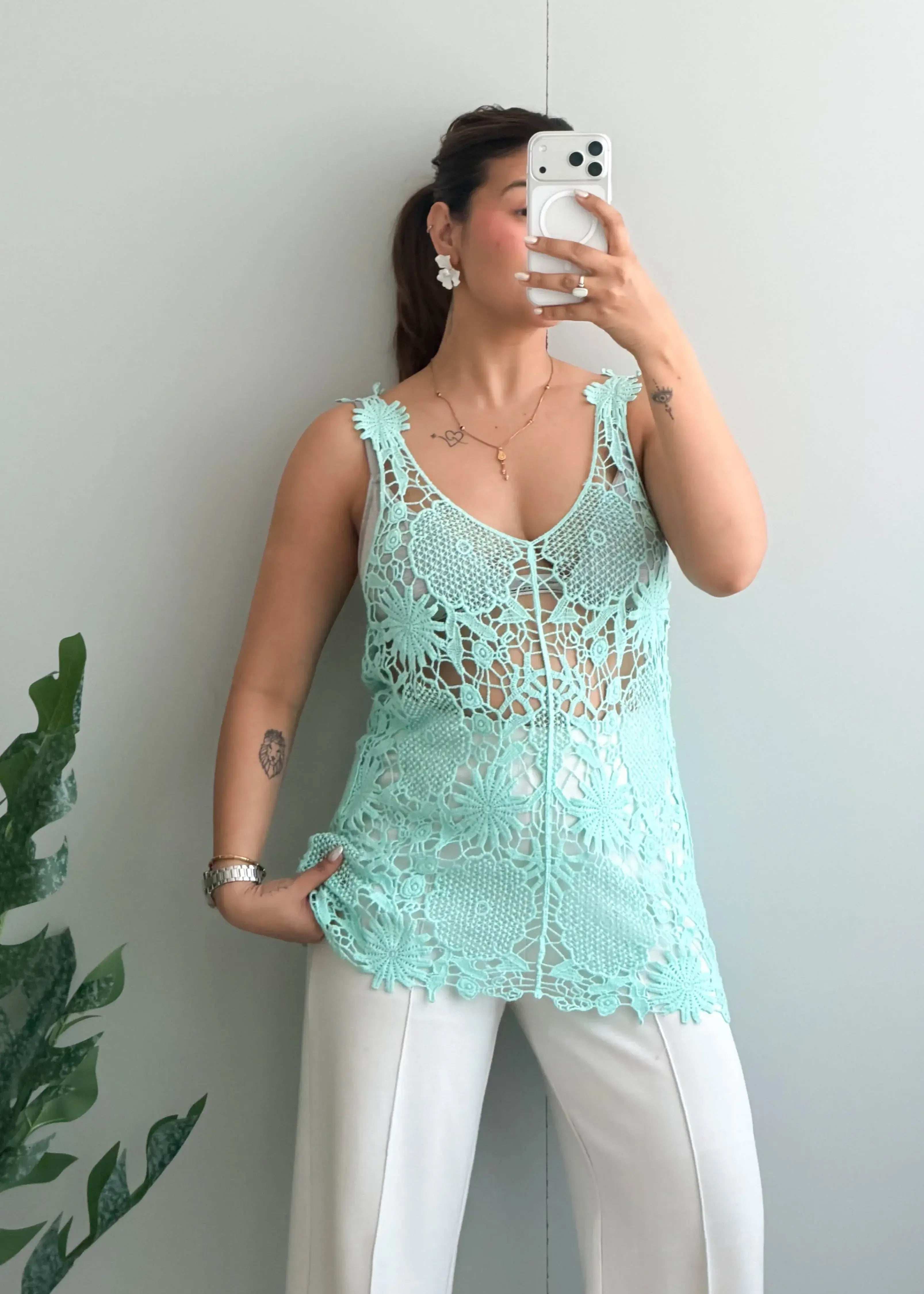 Size S-M, Mint Lace Crochet Tank Top - Closet by Payal