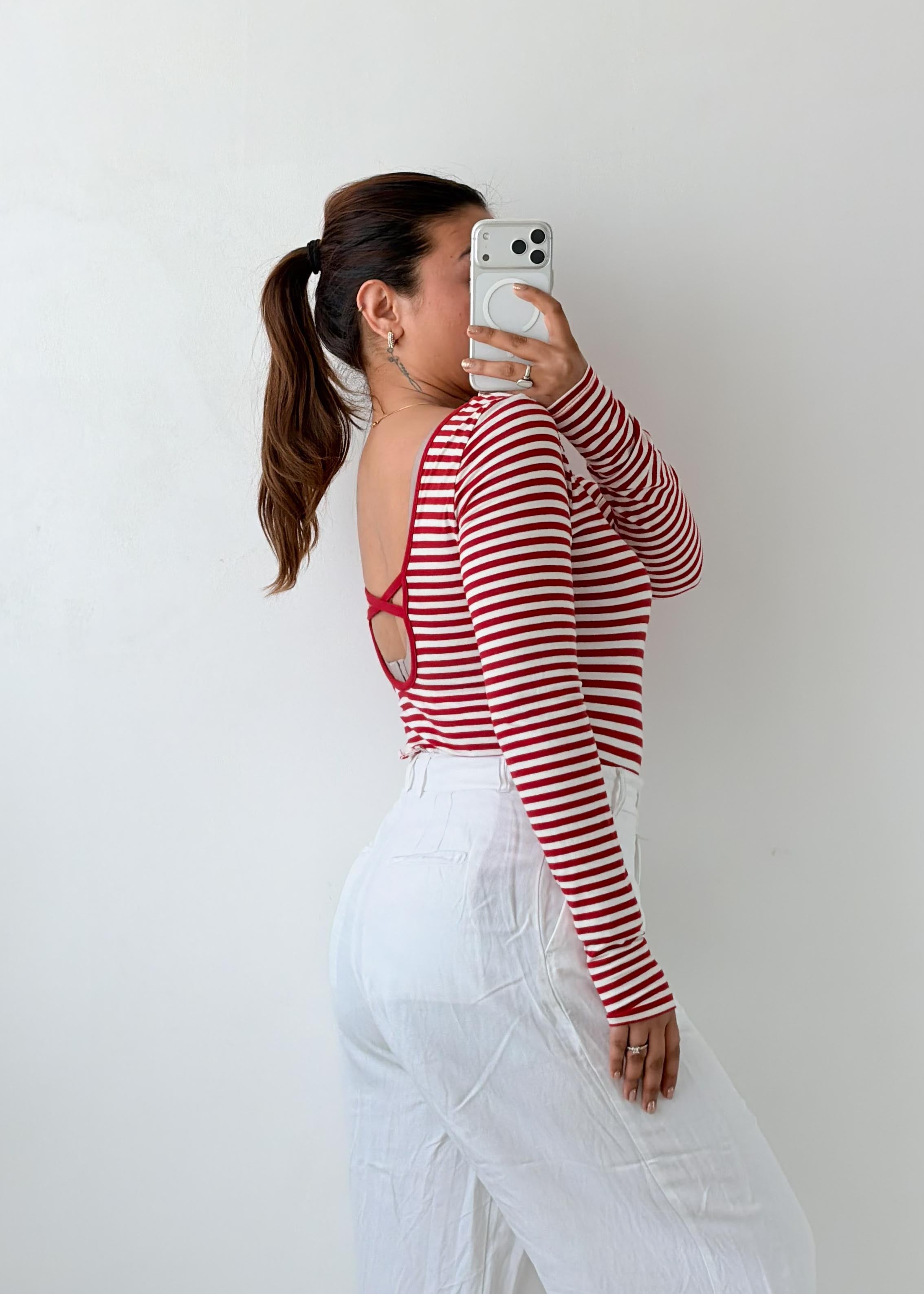 Size M-L Red Striped Long Sleeve Bodysuit