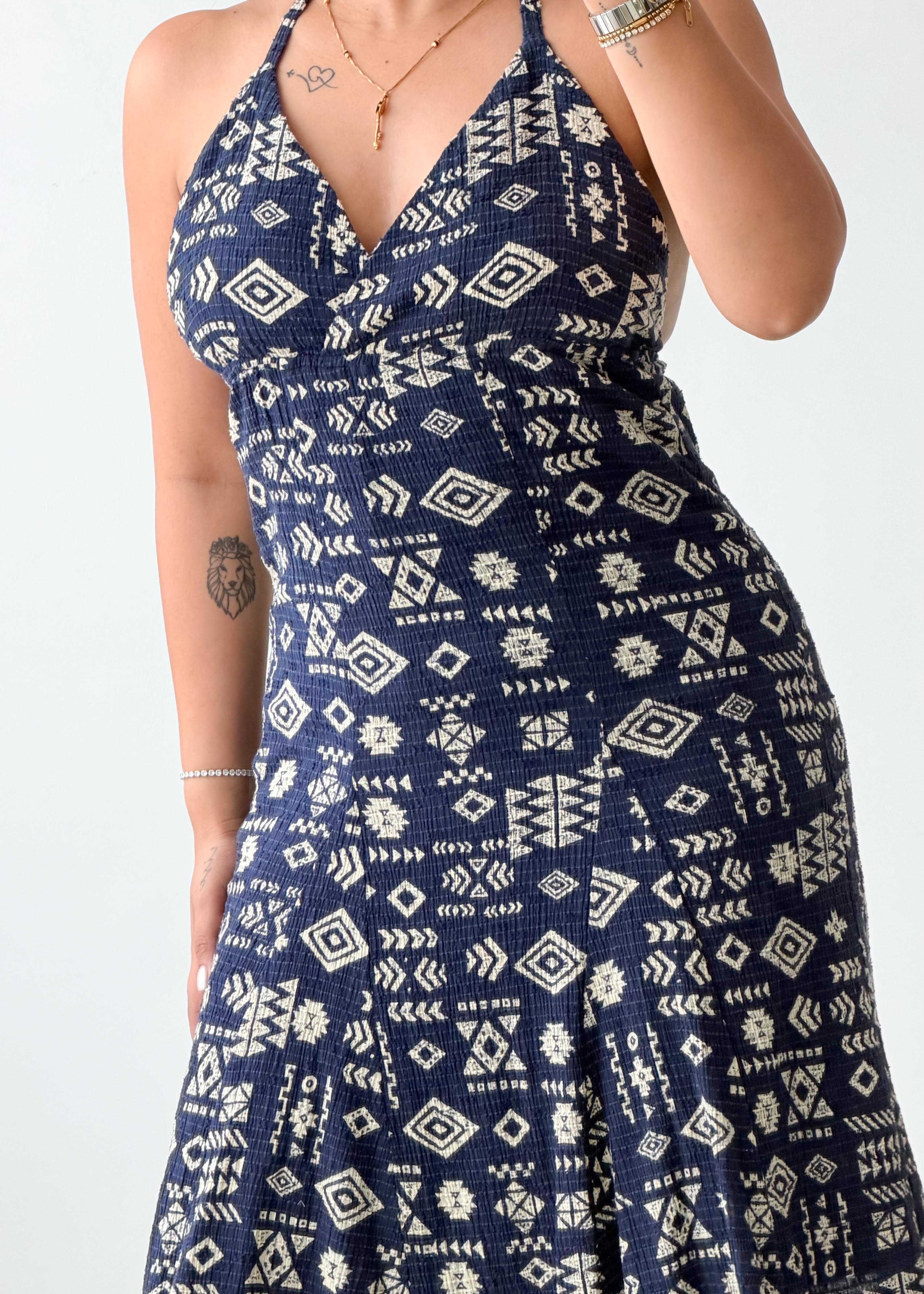 Size S-M Navy Printed Halter Mini Dress