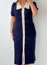 Size S-M Navy Contrast Collar Knit Midi Dress