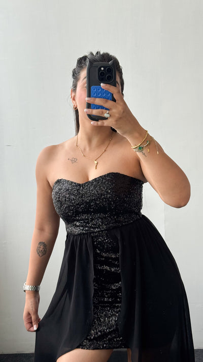 Size XS-S Black Strapless High-Low Dress