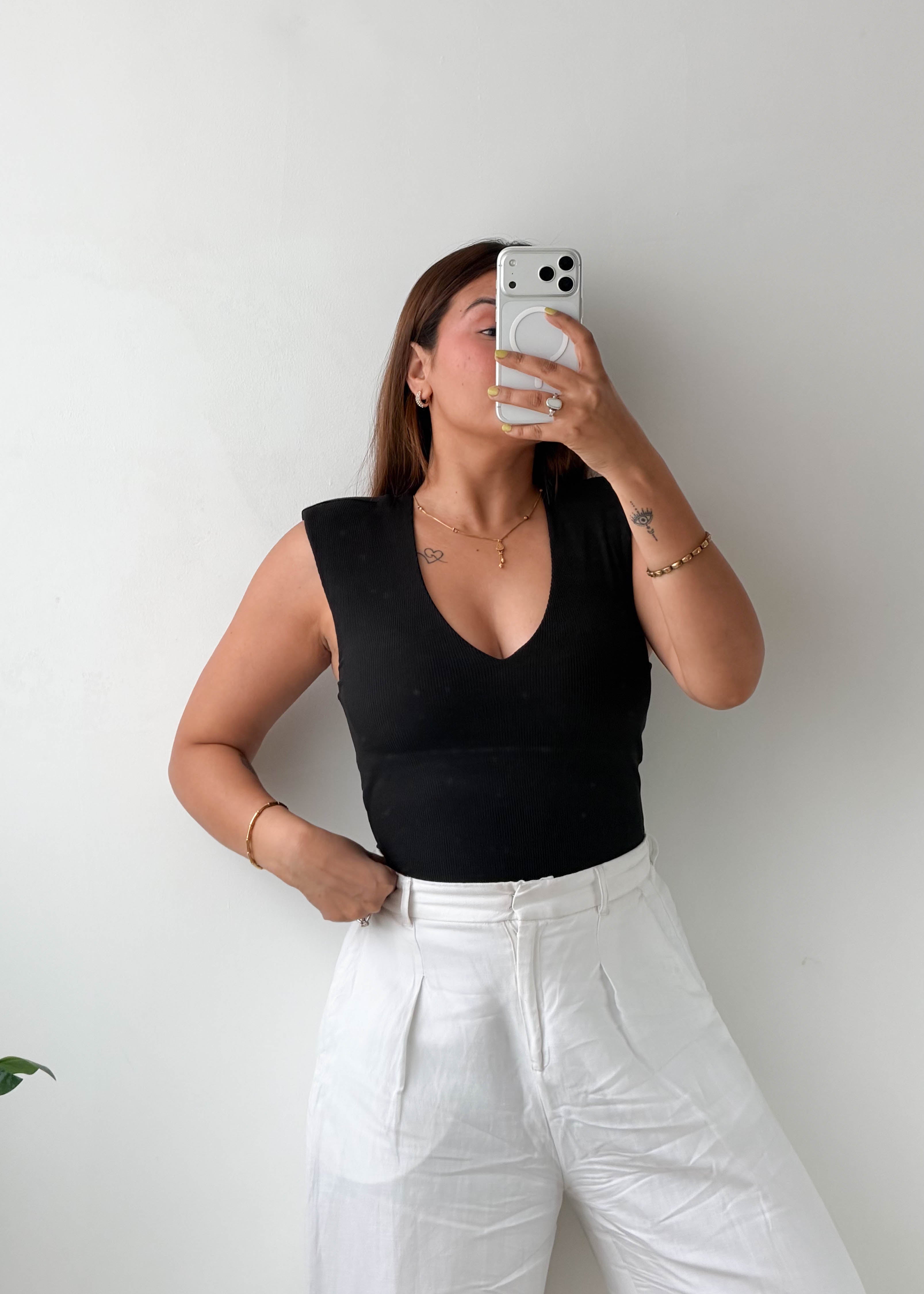 Size XS-S Black Sleeveless V-Neck Bodysuit