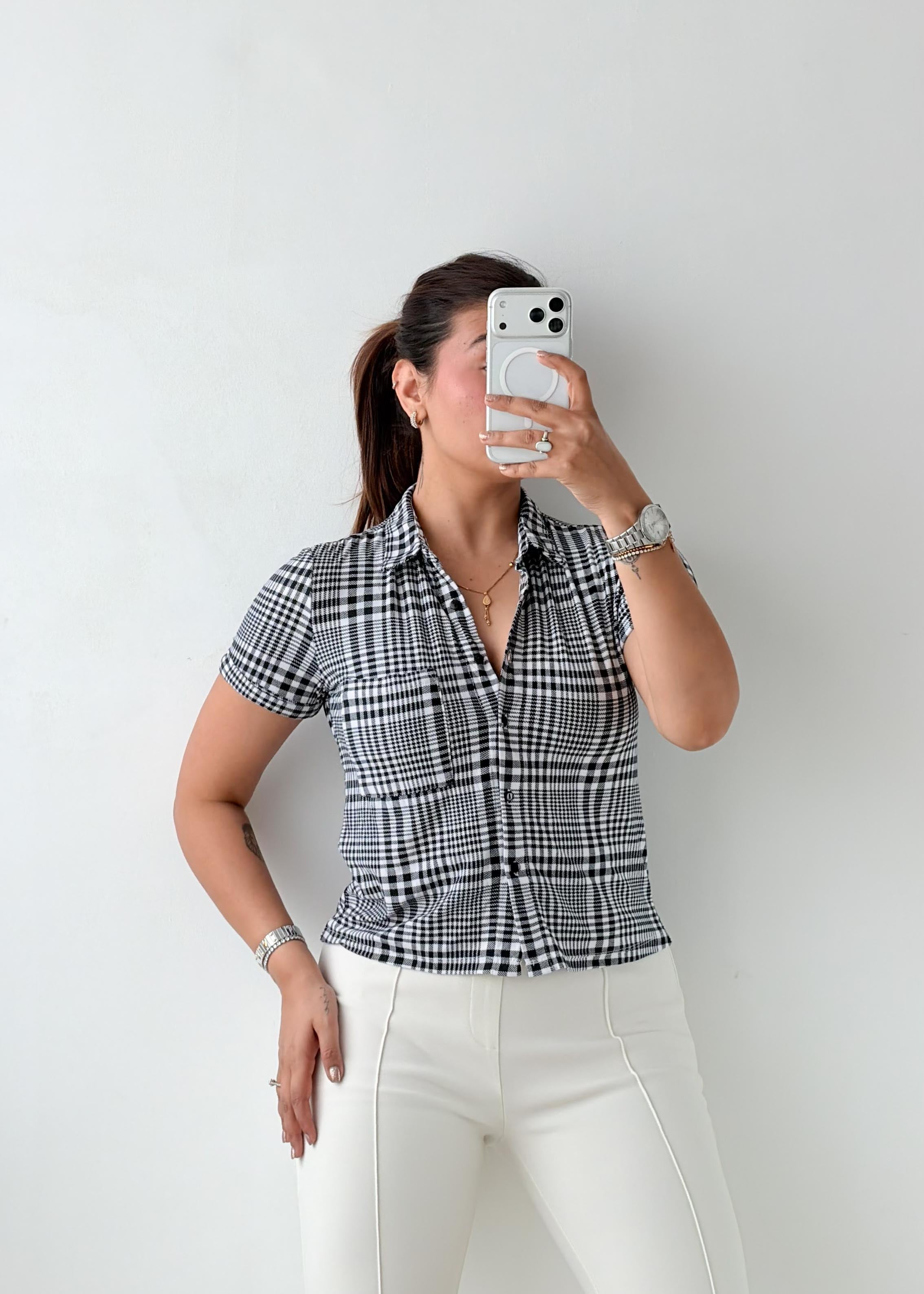 Size XS-S Black & White Plaid Collared Top