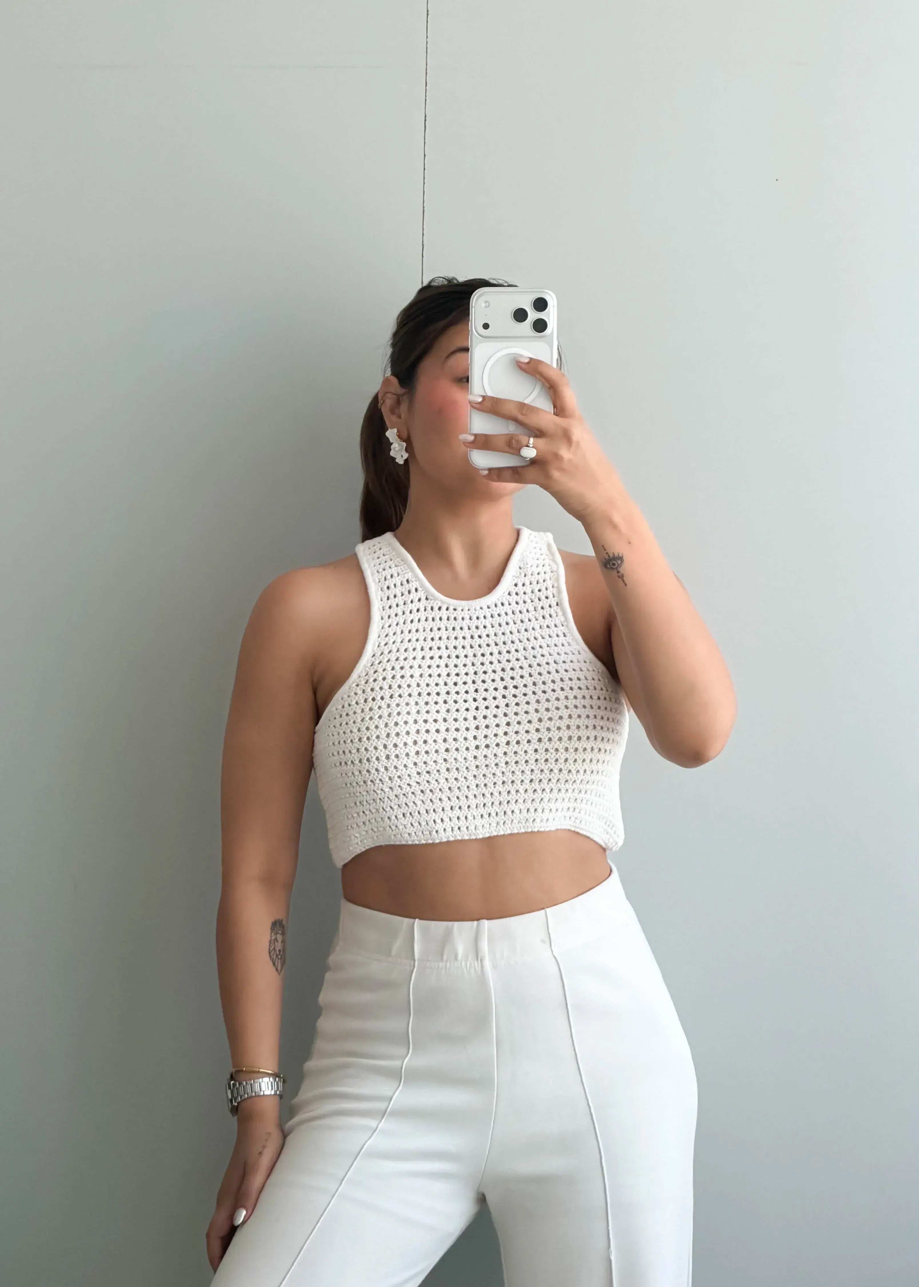 Size M-L, White Crochet Crop Top - Closet by Payal