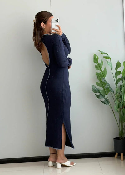 SIZE M-L, Navy Long Sleeve Midi Jersey Dress - Closet by Payal