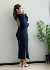 SIZE M-L, Navy Long Sleeve Midi Jersey Dress - Closet by Payal