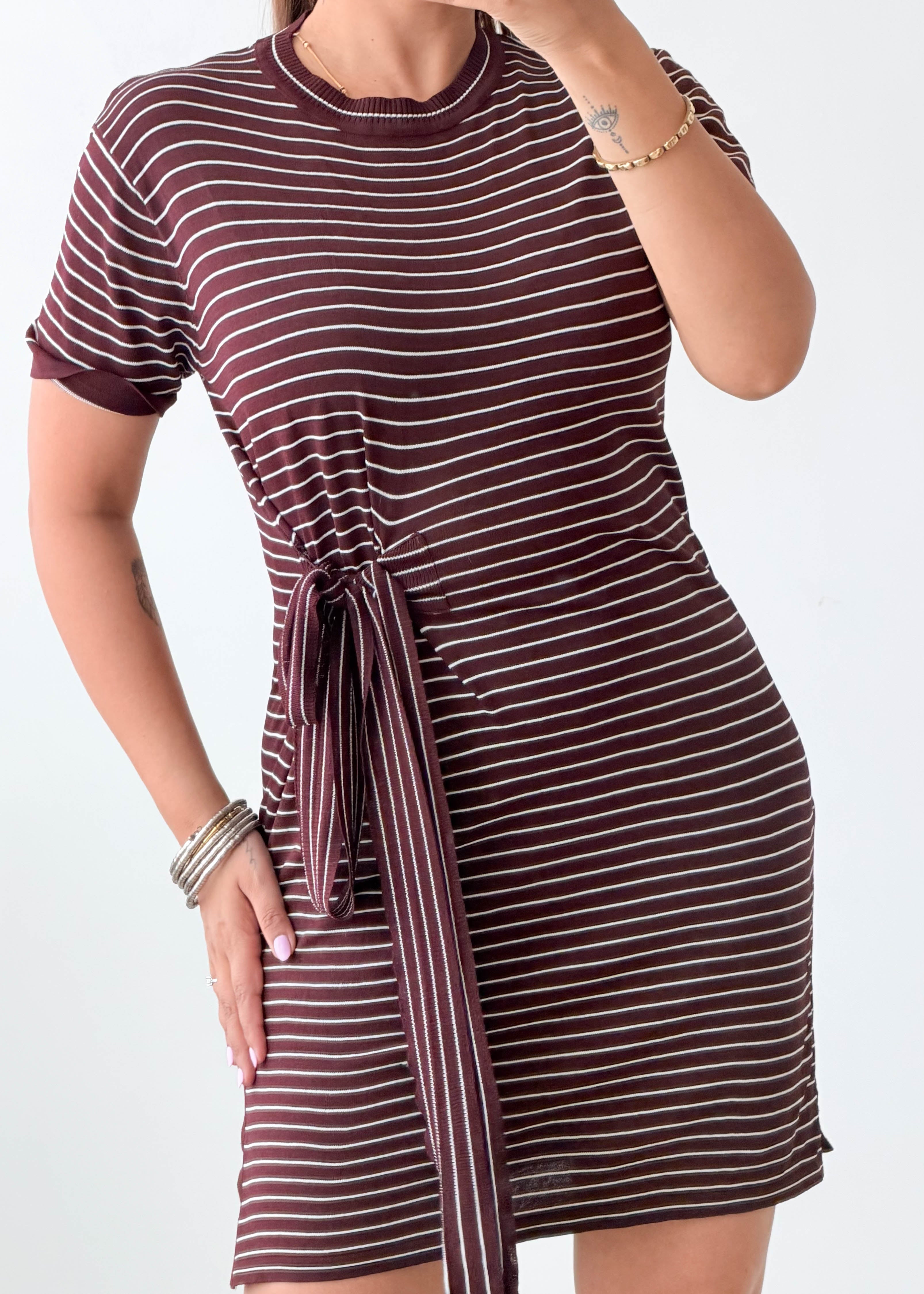 Size M-L Brown Striped Tie-Waist Mini Dress