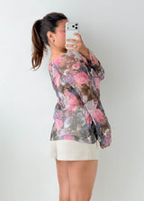 Size S-M Grey Pink Floral Sheer Blouse
