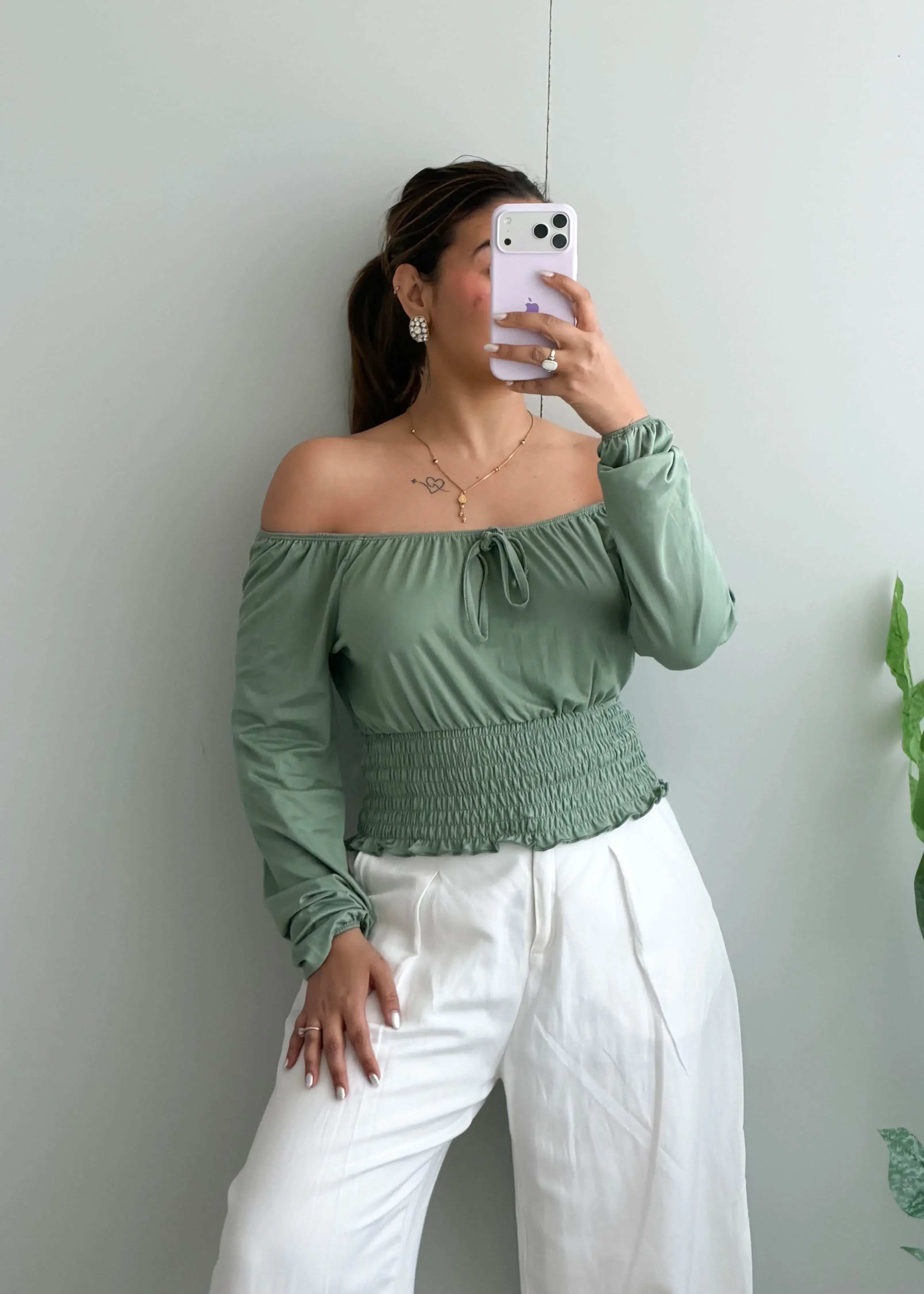 Size S-M, Sage Green Off-Shoulder Smocked Top - Closet by Payal