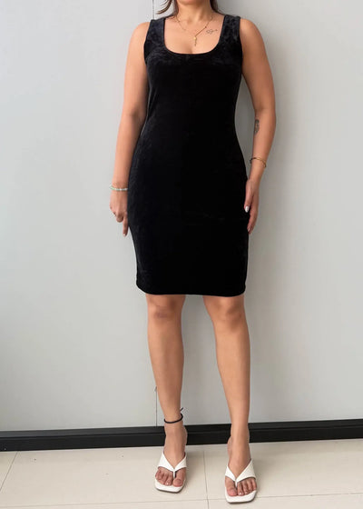 Size M-L, Black Velvet Bodycon Midi Dress - Closet by Payal
