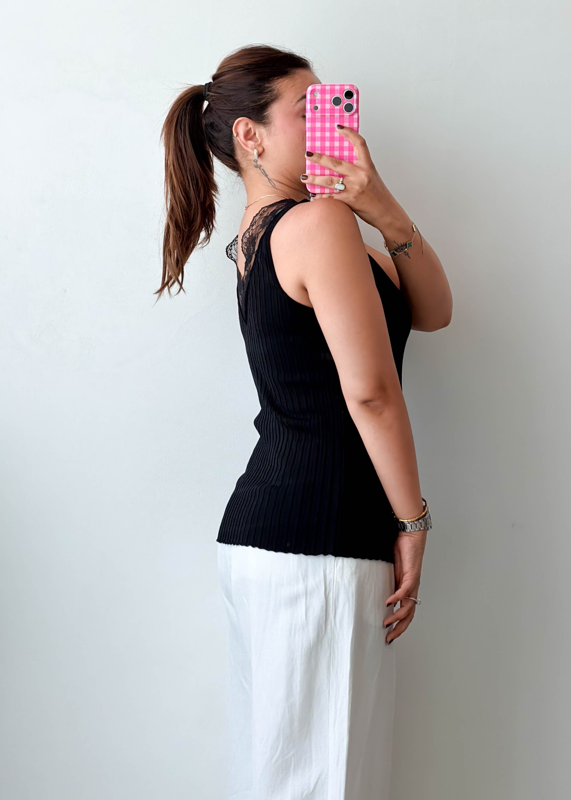 Size XS-S Black Lace Trim Ribbed Top