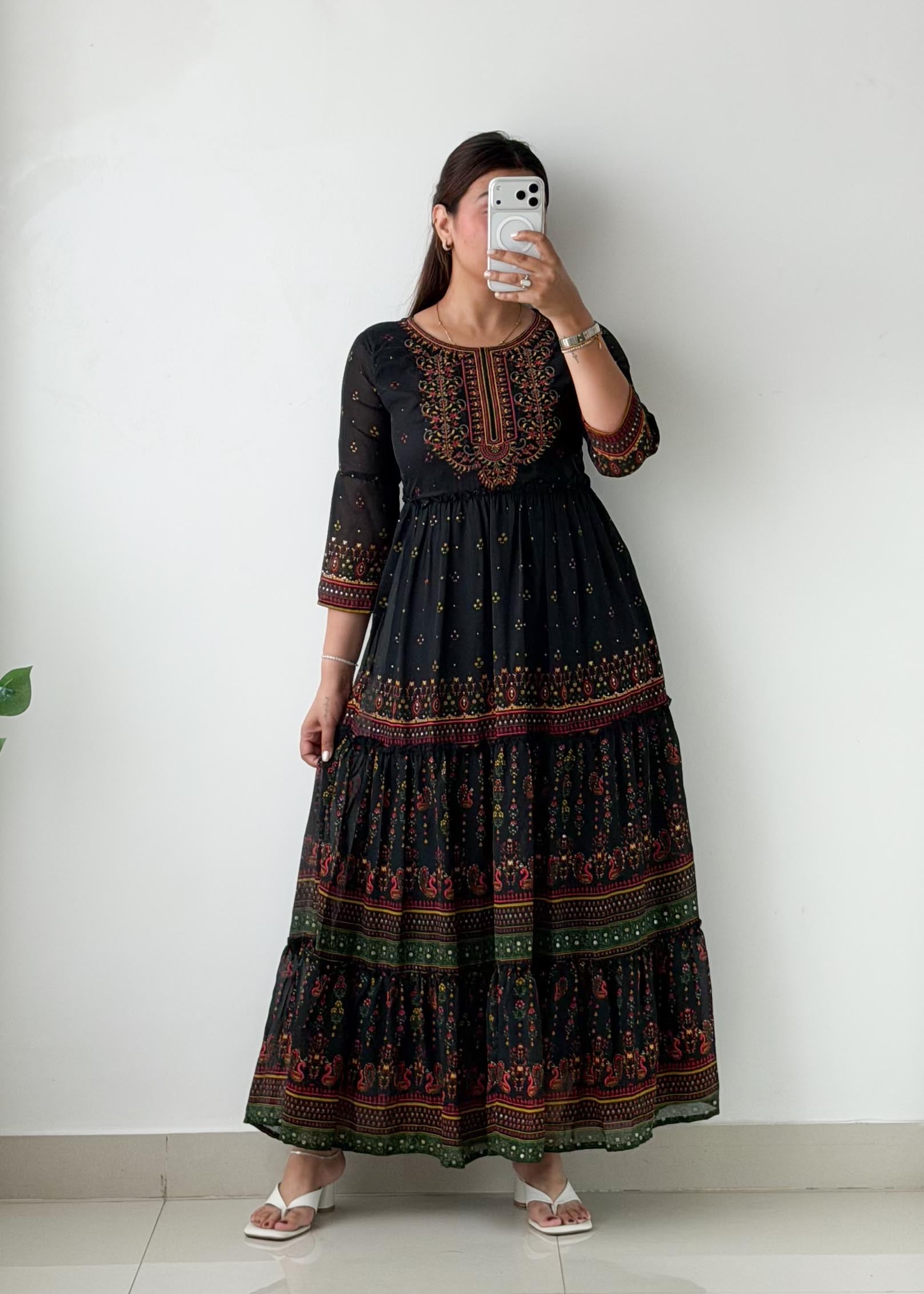 Size XS-S Black Ethnic Print Tiered Maxi Dress