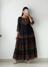 Size XS-S Black Ethnic Print Tiered Maxi Dress