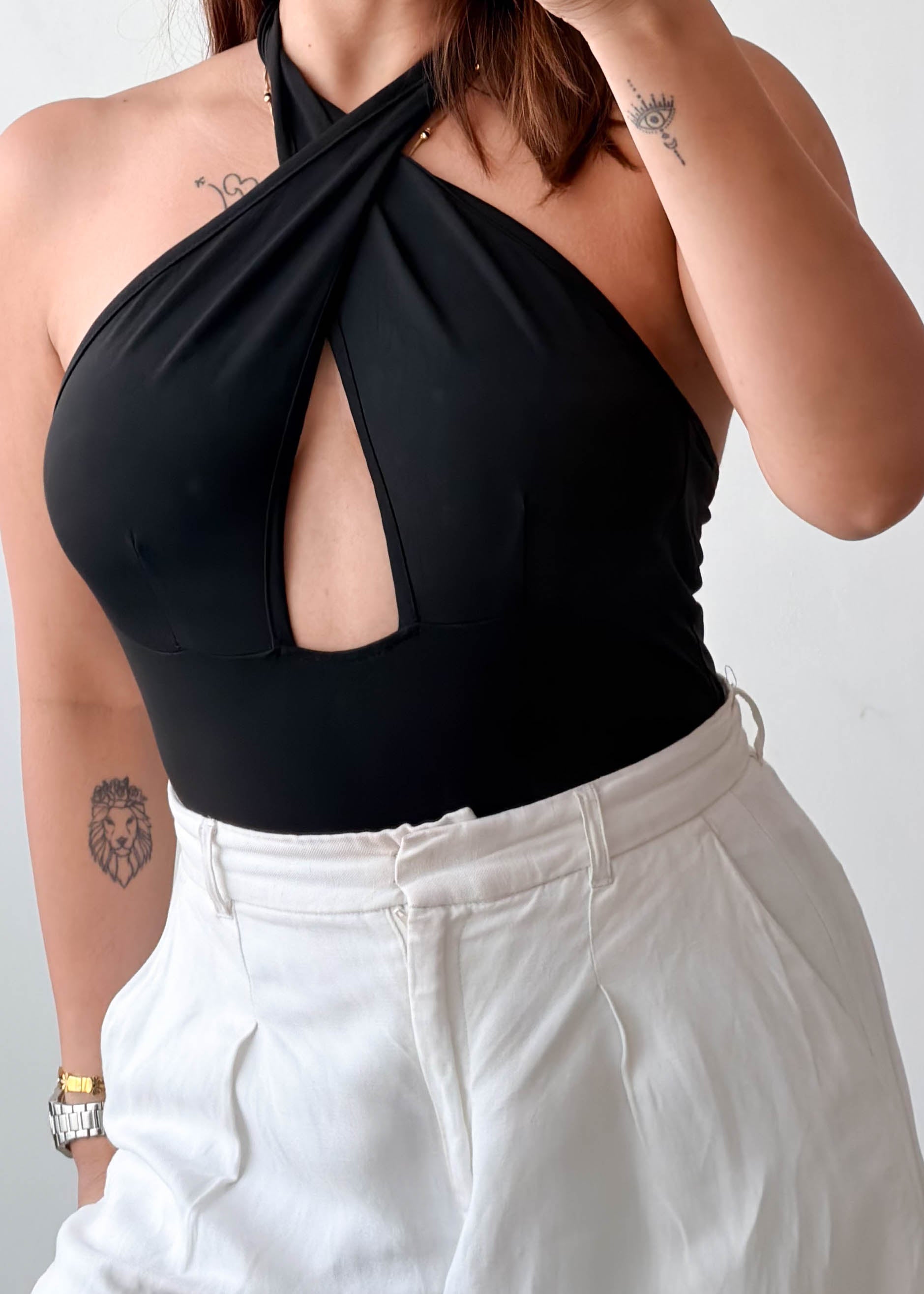 Size S-M Black Halter Cut-Out Bodysuit