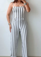 Size XS-S White Cotton Striped Straight Fit Jumpsuit