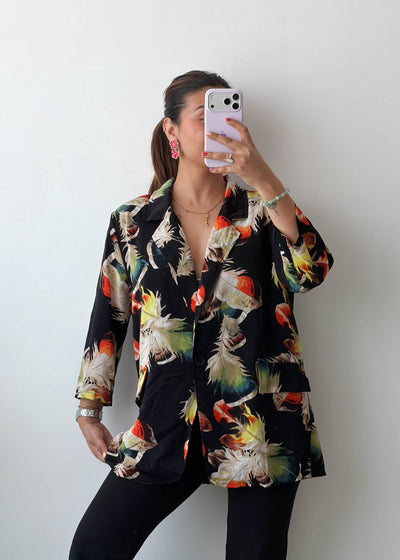 M-L Black Tropical Print Satin Shirt