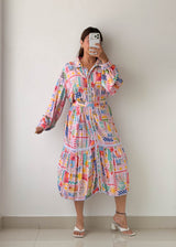 Size XL-XXL Multicolor Printed Tiered Midi Dress