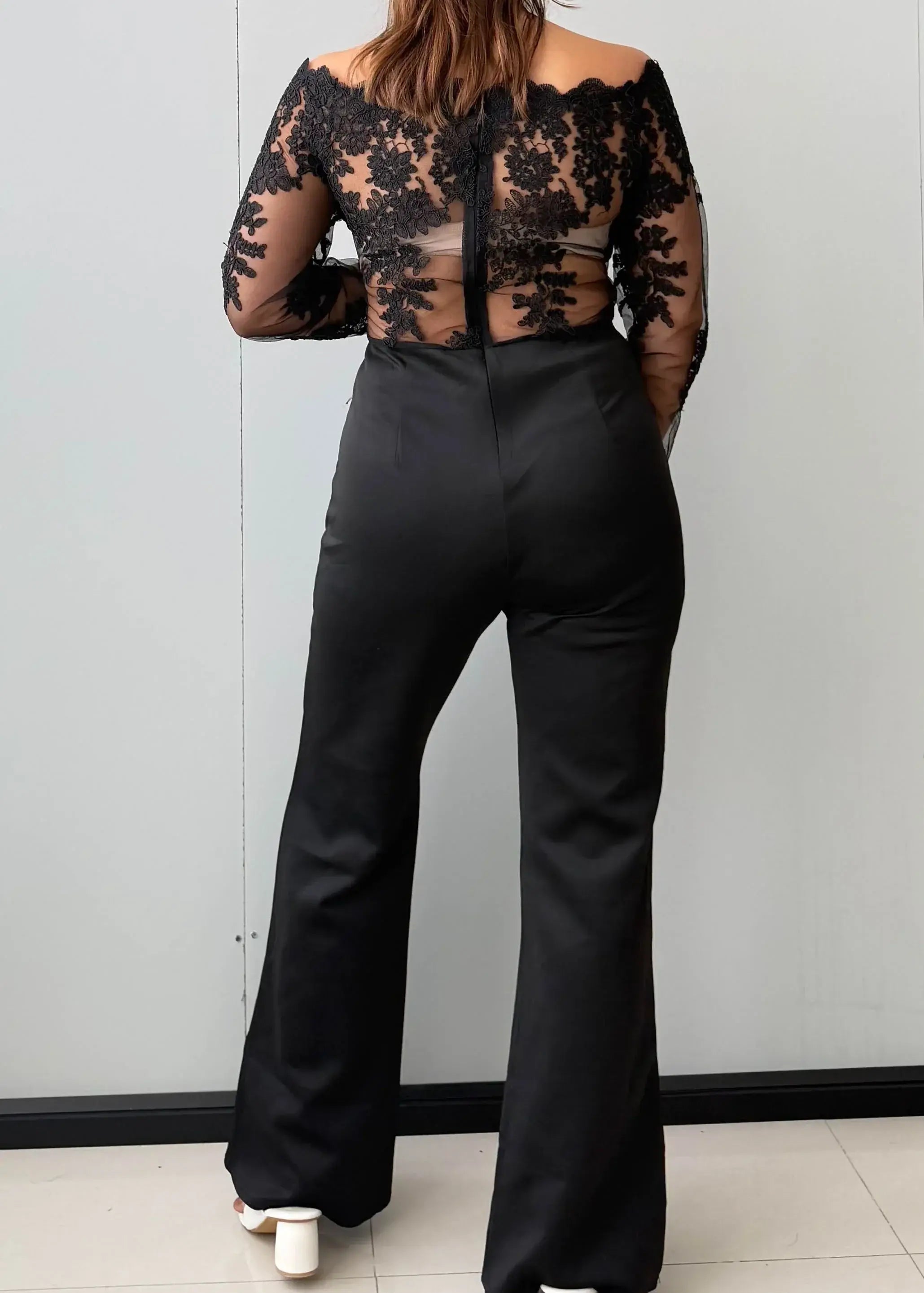 Size M-L, Black Lace Sleeve Wide Leg Jumpsuit - Closet by Payal