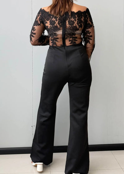 Size M-L, Black Lace Sleeve Wide Leg Jumpsuit - Closet by Payal