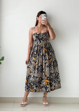 Size S-M Black Floral Print Midi Dress