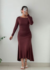 Size XS-M Brown Off-Shoulder Ruched Midi Dress