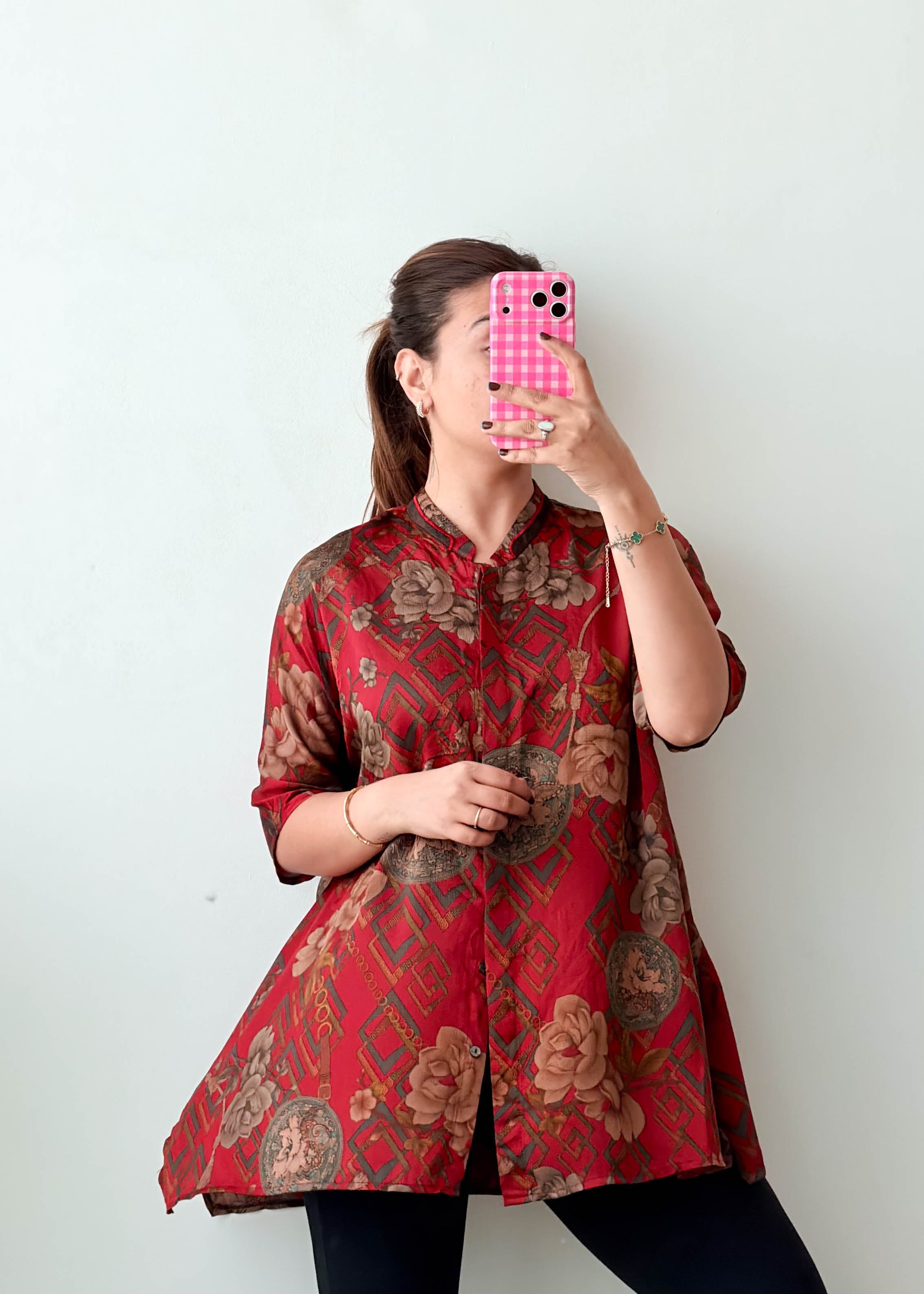 Size M-L Size Red Floral Geometric Tunic Top