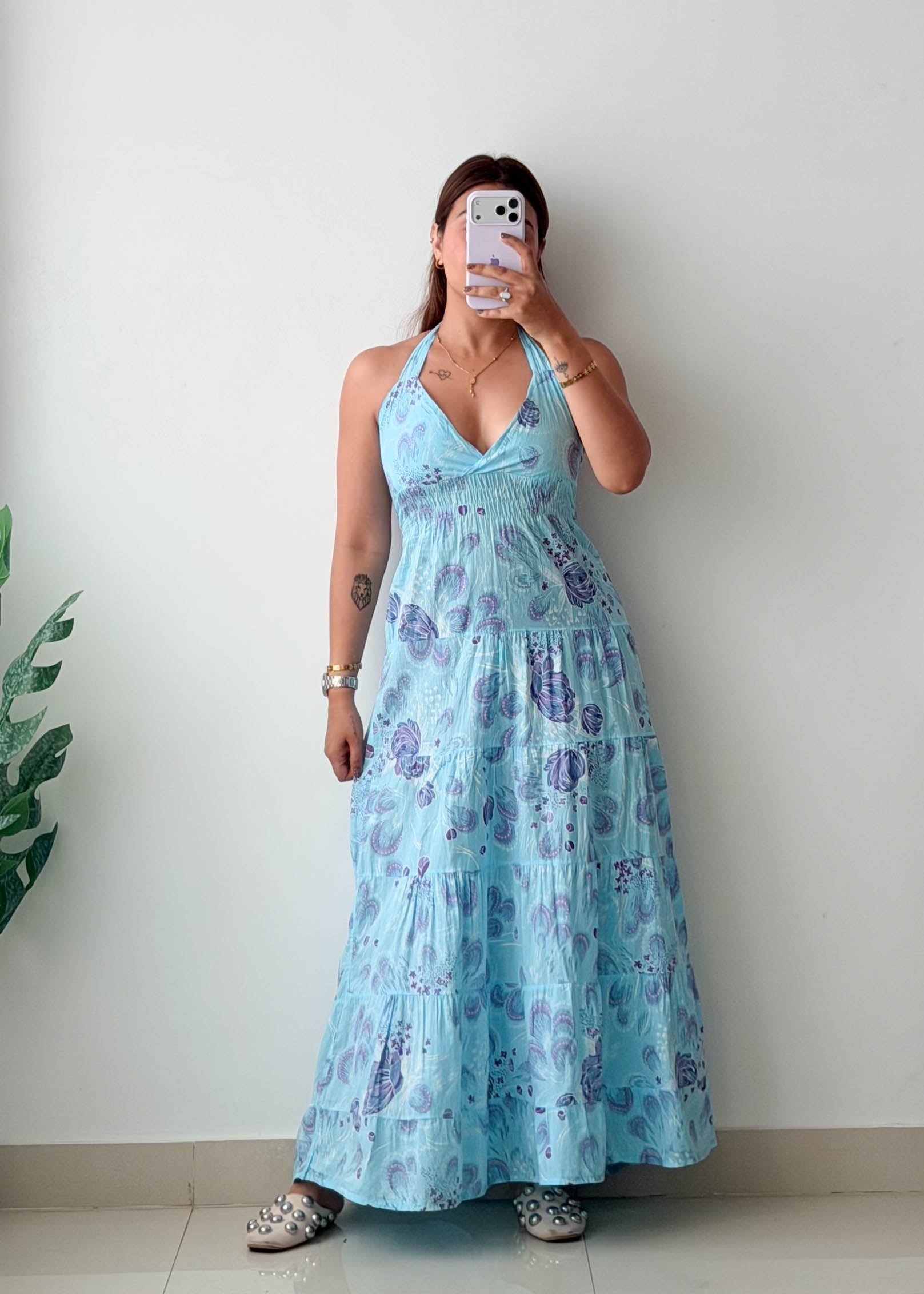 Size XS-S Sky Blue Paisley Halter Maxi Dress