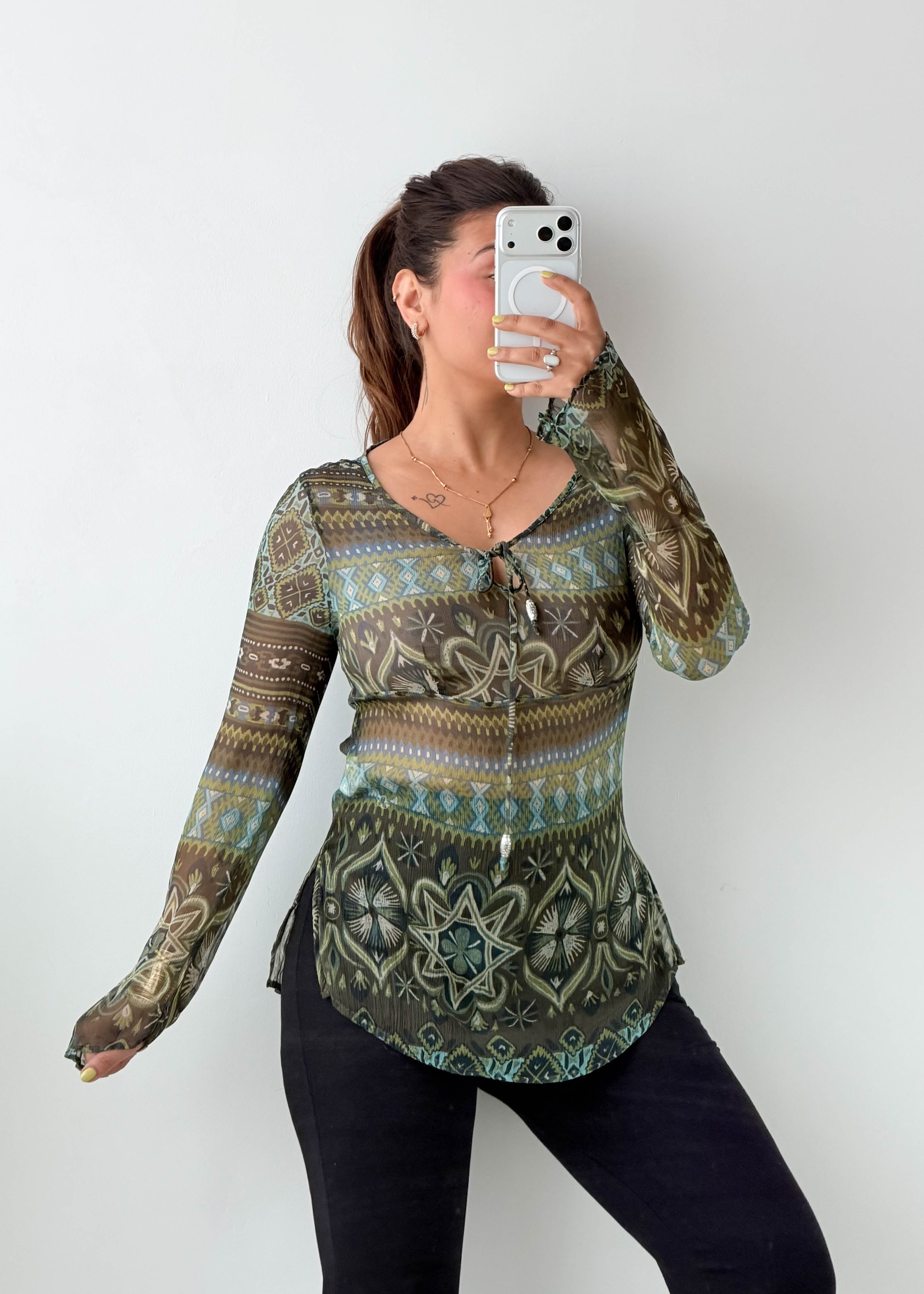 Size XS-S Green Geometric Print Top