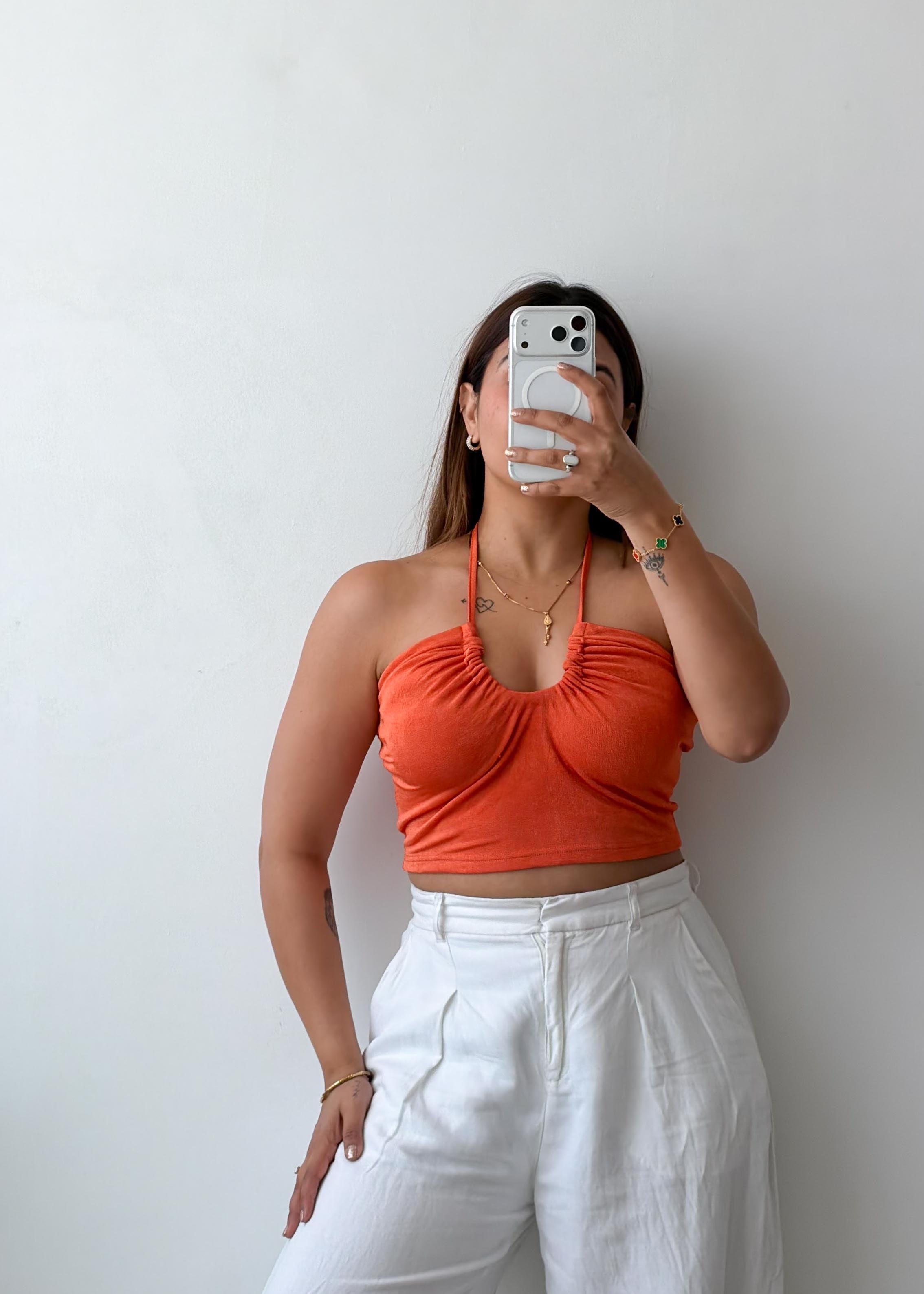Size S-M Orange Ruched Halter Crop Top