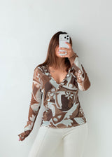 Size M-L Brown Abstract Mesh Wrap Top