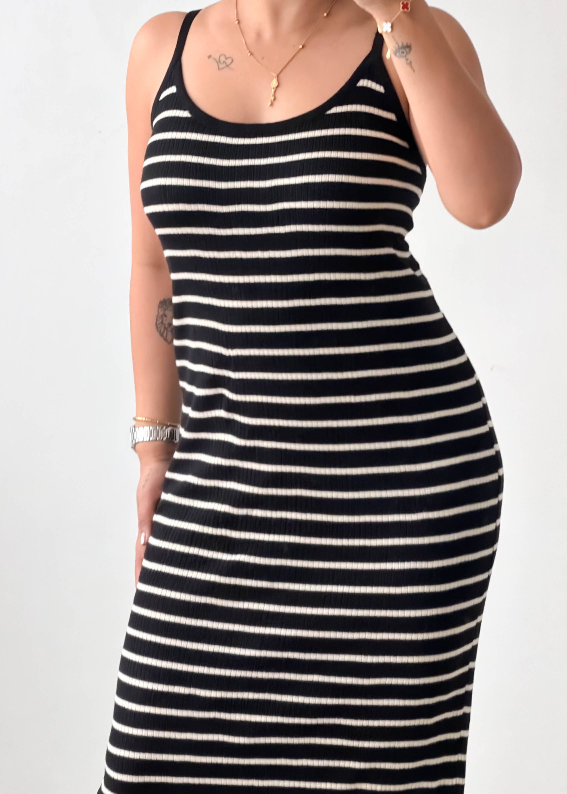 Size XL-2XL Black Striped Ribbed Knit Maxi Dress