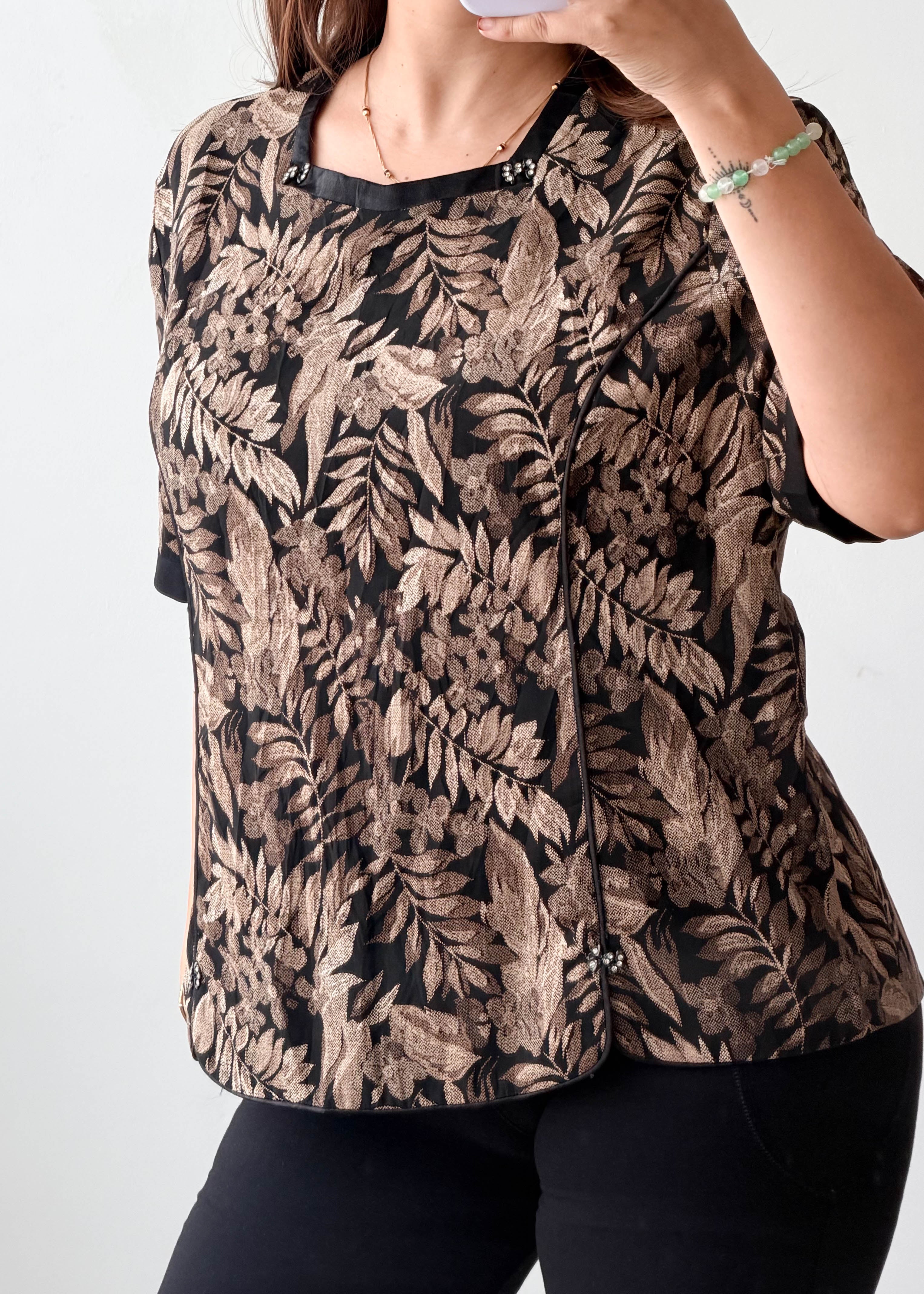 M-L Brown Leaf Printed Top
