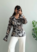 Size M-L, Black Floral Chiffon Shirt with Ruffle Sleeves - Closet by Payal