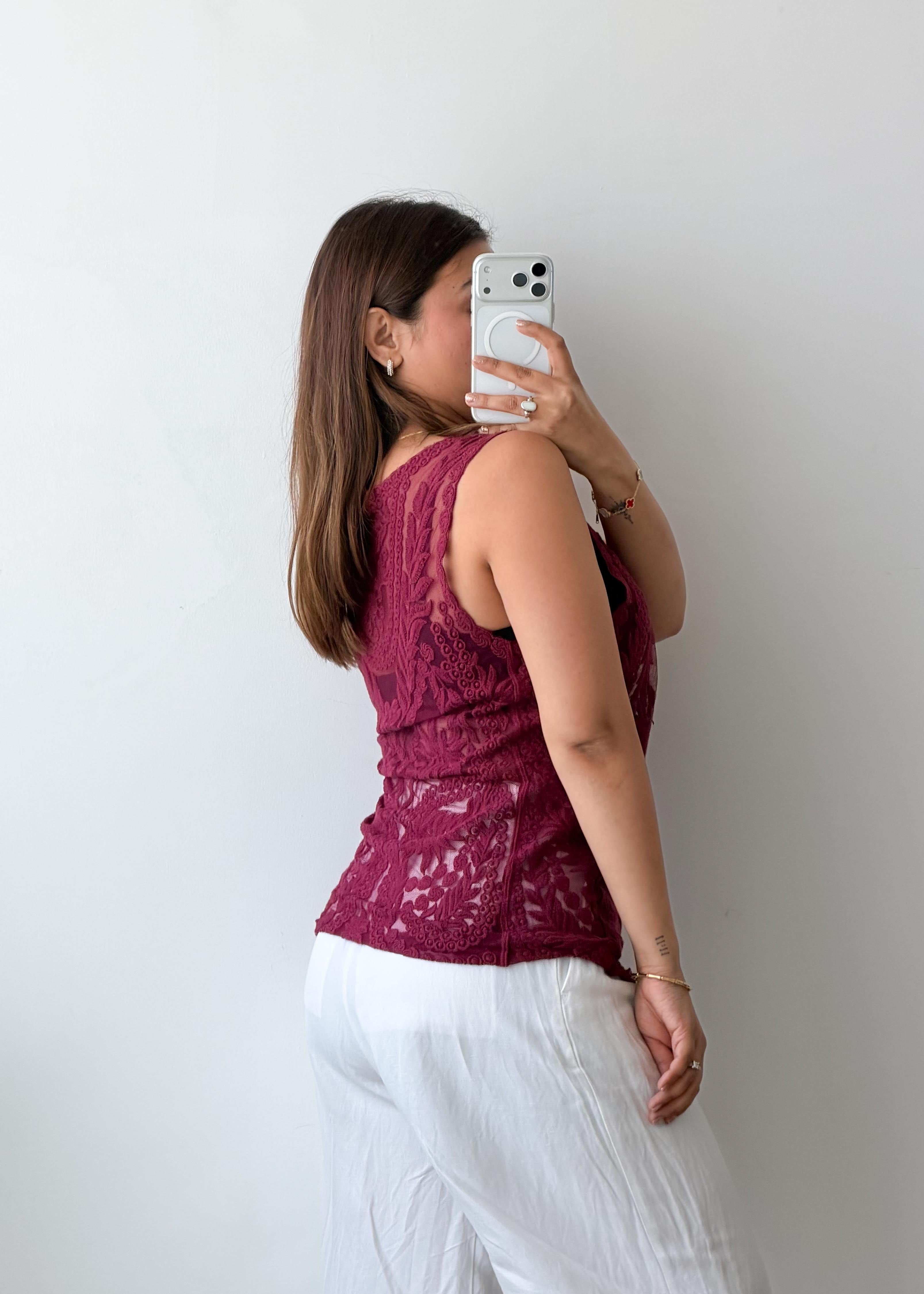 Size S-M Burgundy Lace Sheer Sleeveless Top
