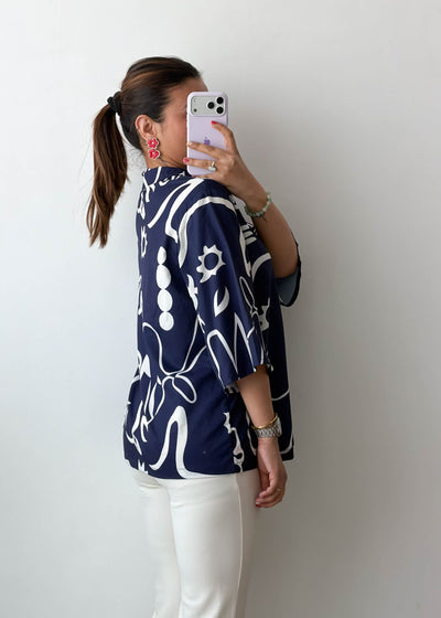 M-L Navy Abstract Soft Chiffon Oversized Shirt