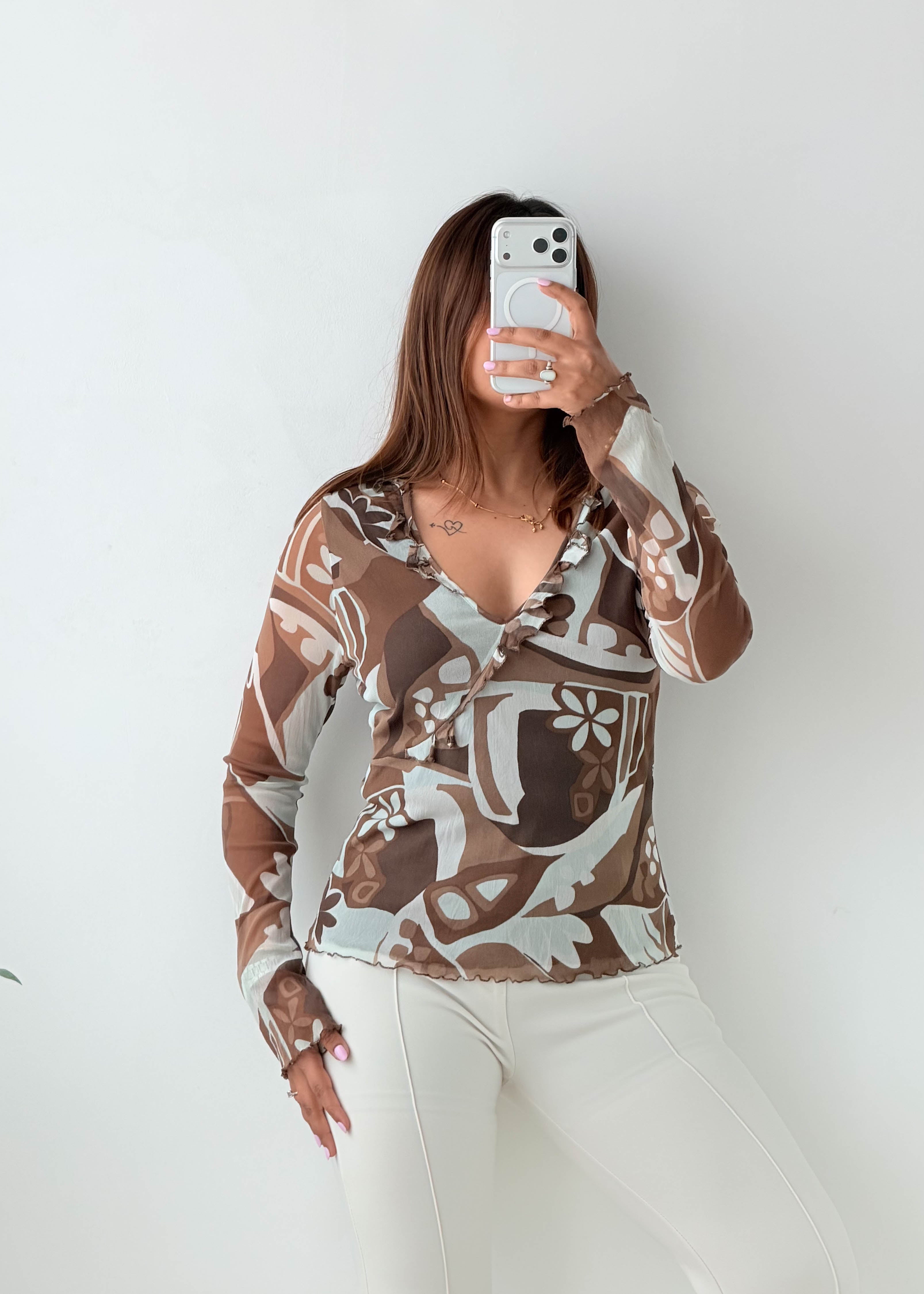 Size M-L Brown Abstract Mesh Wrap Top