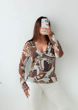 Size M-L Brown Abstract Mesh Wrap Top